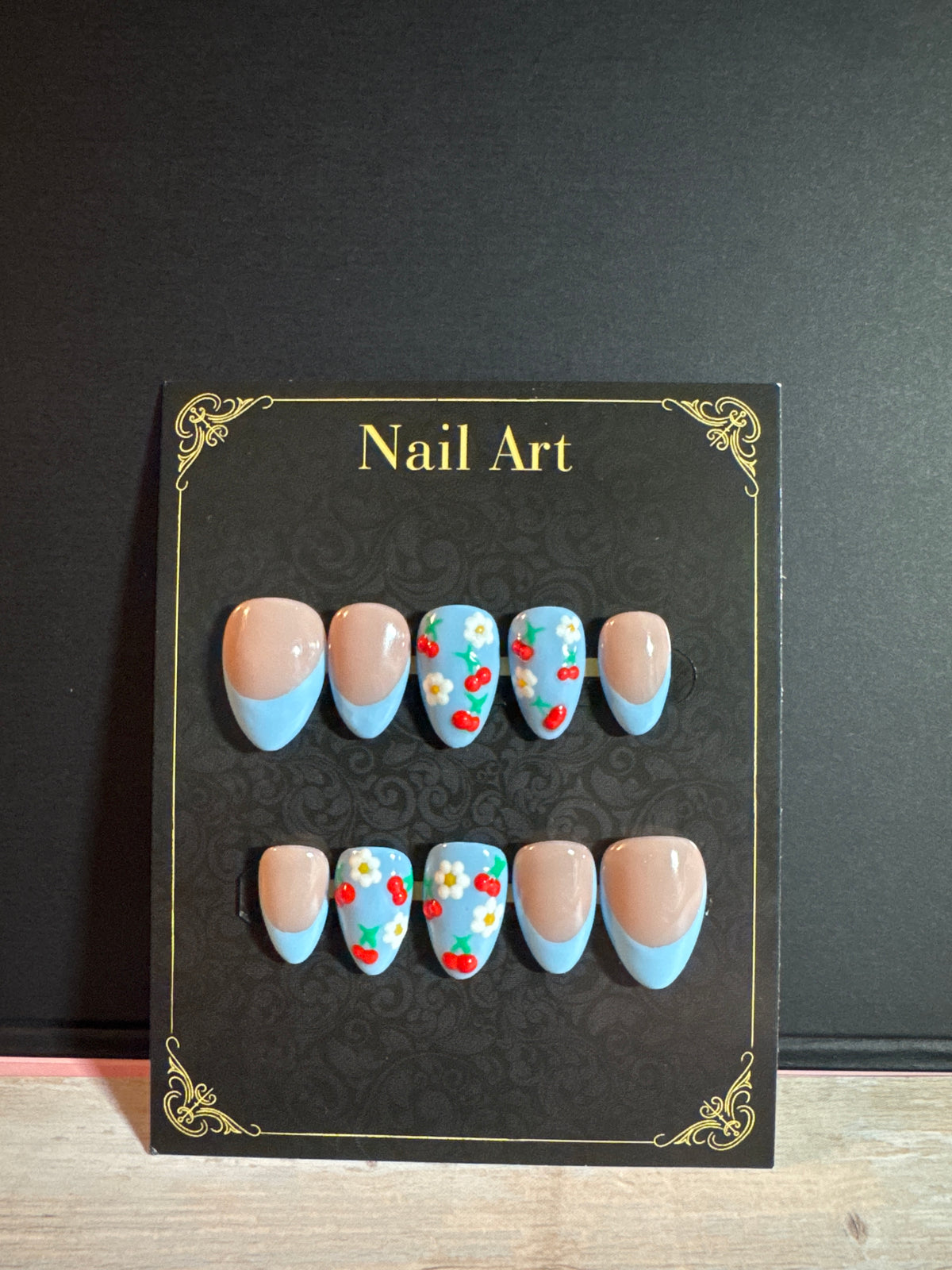 Sweet Cherry & Daisy Cottagecore Press-On Nails | Pastel Light Blue French Tip Hand-Painted Floral Nails