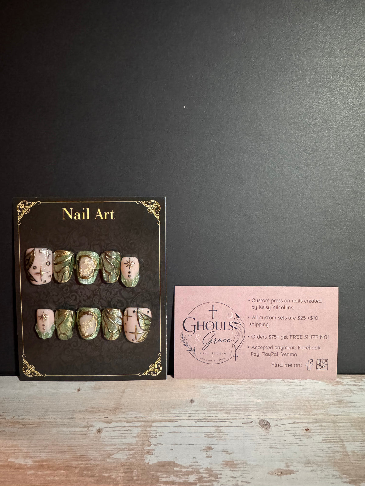 Celestial Sage Press-On Nails | Emerald & Gold Foil Stained Glass & Starburst Art