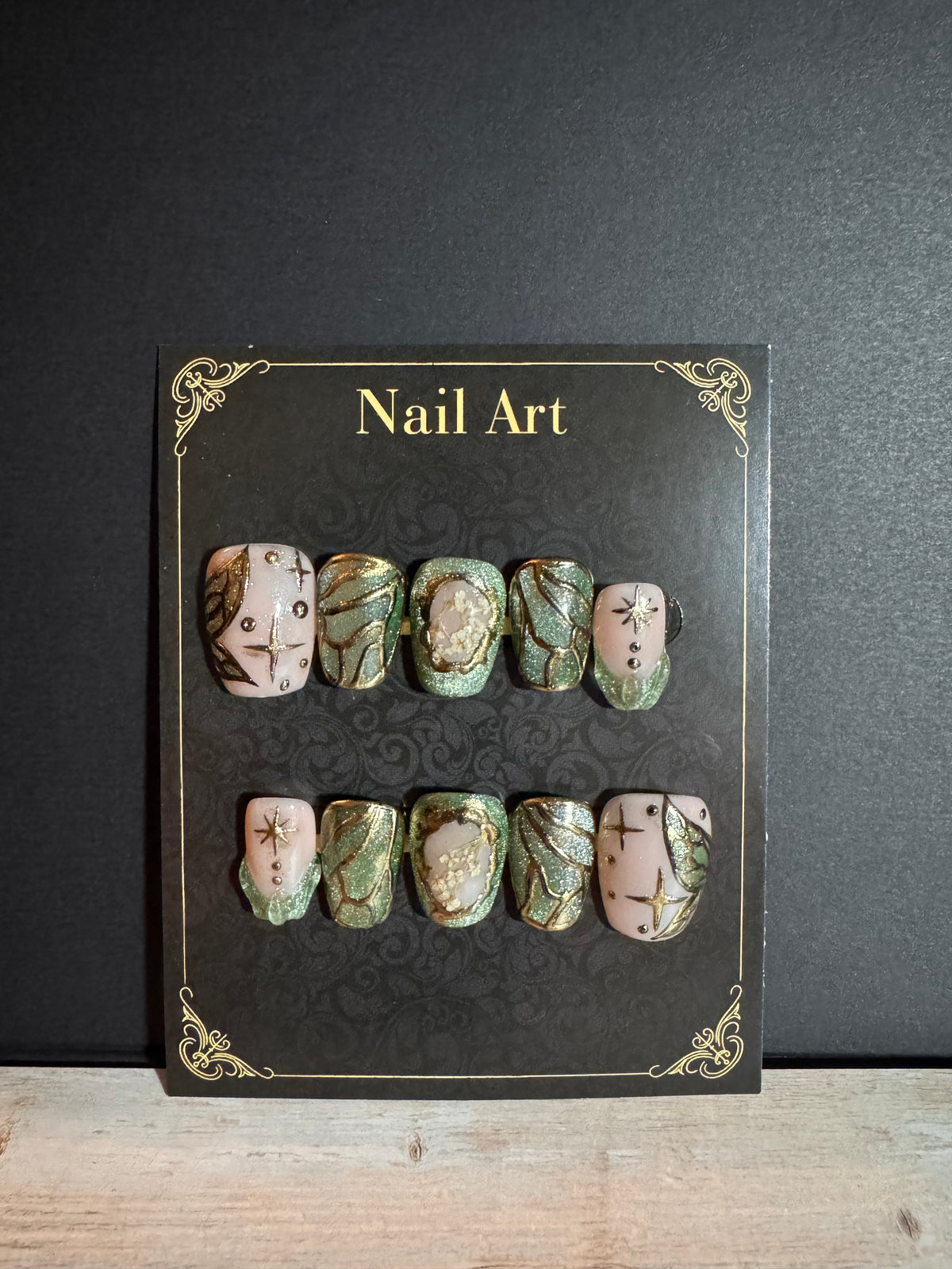 Celestial Sage Press-On Nails | Emerald & Gold Foil Stained Glass & Starburst Art