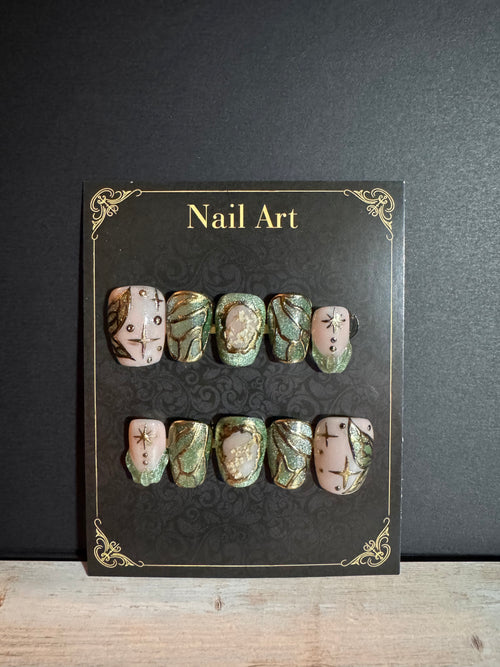 Celestial Sage Press-On Nails | Emerald & Gold Foil Stained Glass & Starburst Art