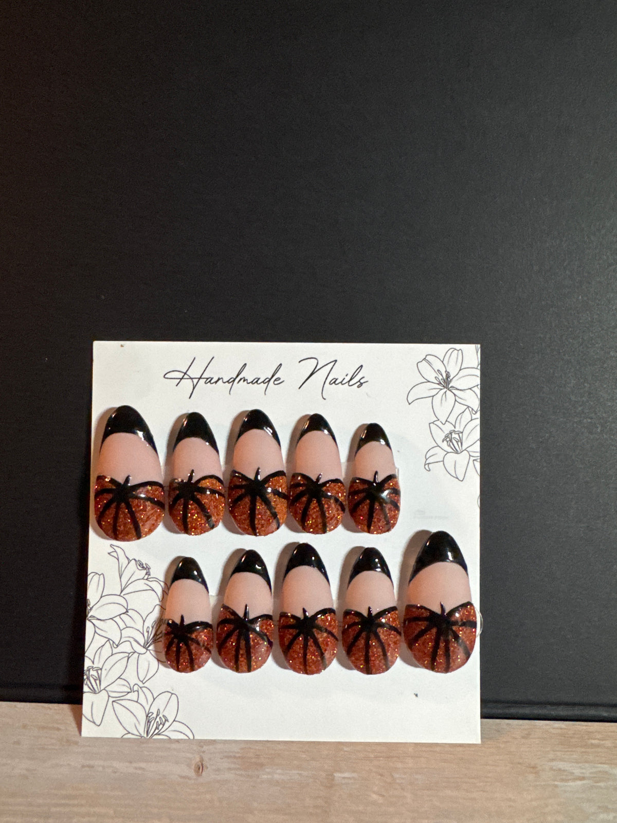 Gothic Glitter Pumpkin Press-On Nails | Black French Tip & Bronze Pumpkin Line Art