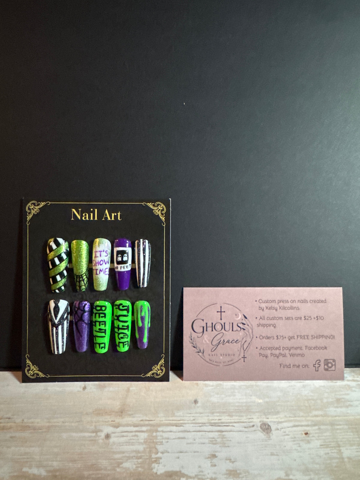 Gothic Beetlejuice Afterlife Press-On Nails | "It's Showtime" Sandworm & Slime Hand-Painted Nails