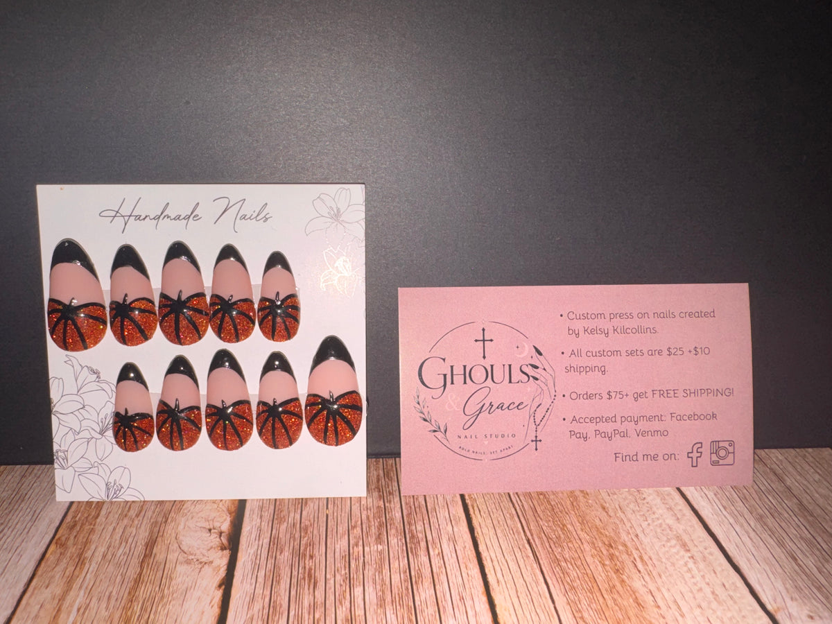 Gothic Glitter Pumpkin Press-On Nails | Black French Tip & Bronze Pumpkin Line Art