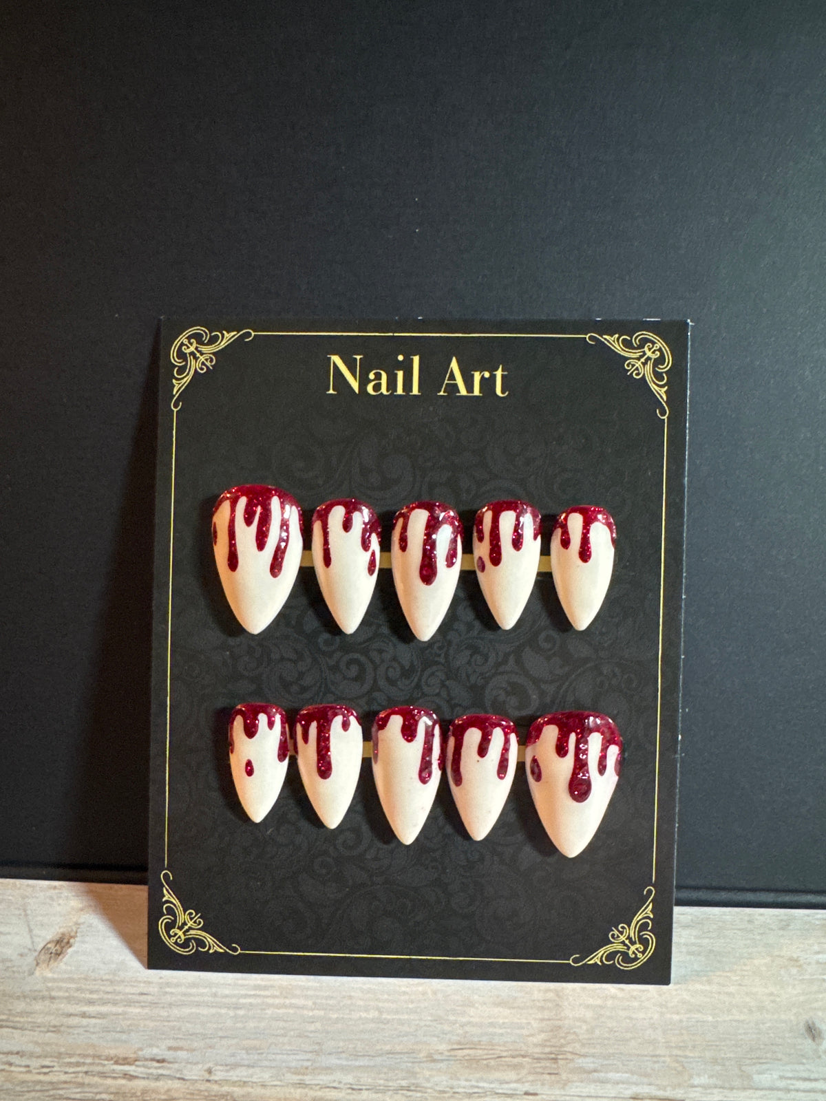 Vampire Blood Drip Press-On Nails | Crimson Red Glitter Dripping White Stiletto Nails