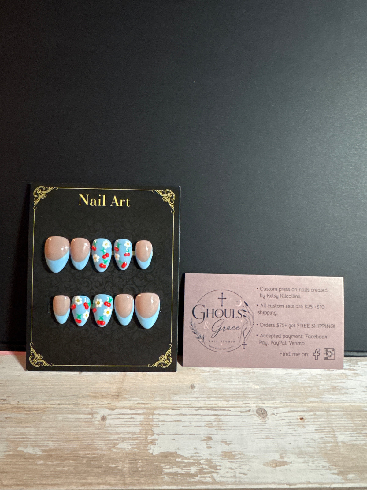 Sweet Cherry & Daisy Cottagecore Press-On Nails | Pastel Light Blue French Tip Hand-Painted Floral Nails