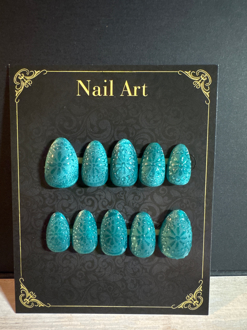 Vintage Teal Glassware Press-On Nails | Embossed Aqua Pressed Glass Gel Nails