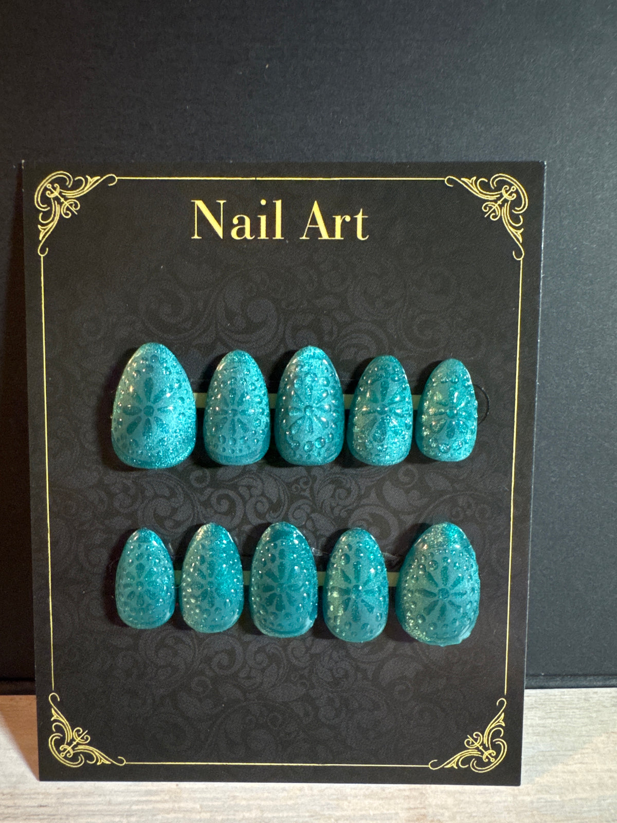Vintage Teal Glassware Press-On Nails | Embossed Aqua Pressed Glass Gel Nails
