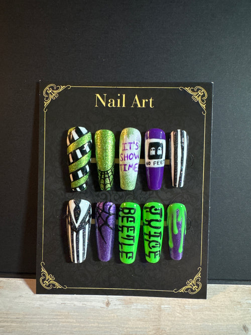 Gothic Beetlejuice Afterlife Press-On Nails | "It's Showtime" Sandworm & Slime Hand-Painted Nails
